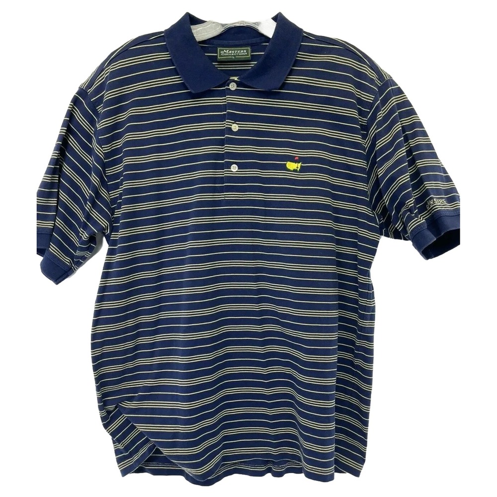 Masters Collection Mens Large Blue/yellow Striped Logo Polo Golf Shirt (T12) EUC